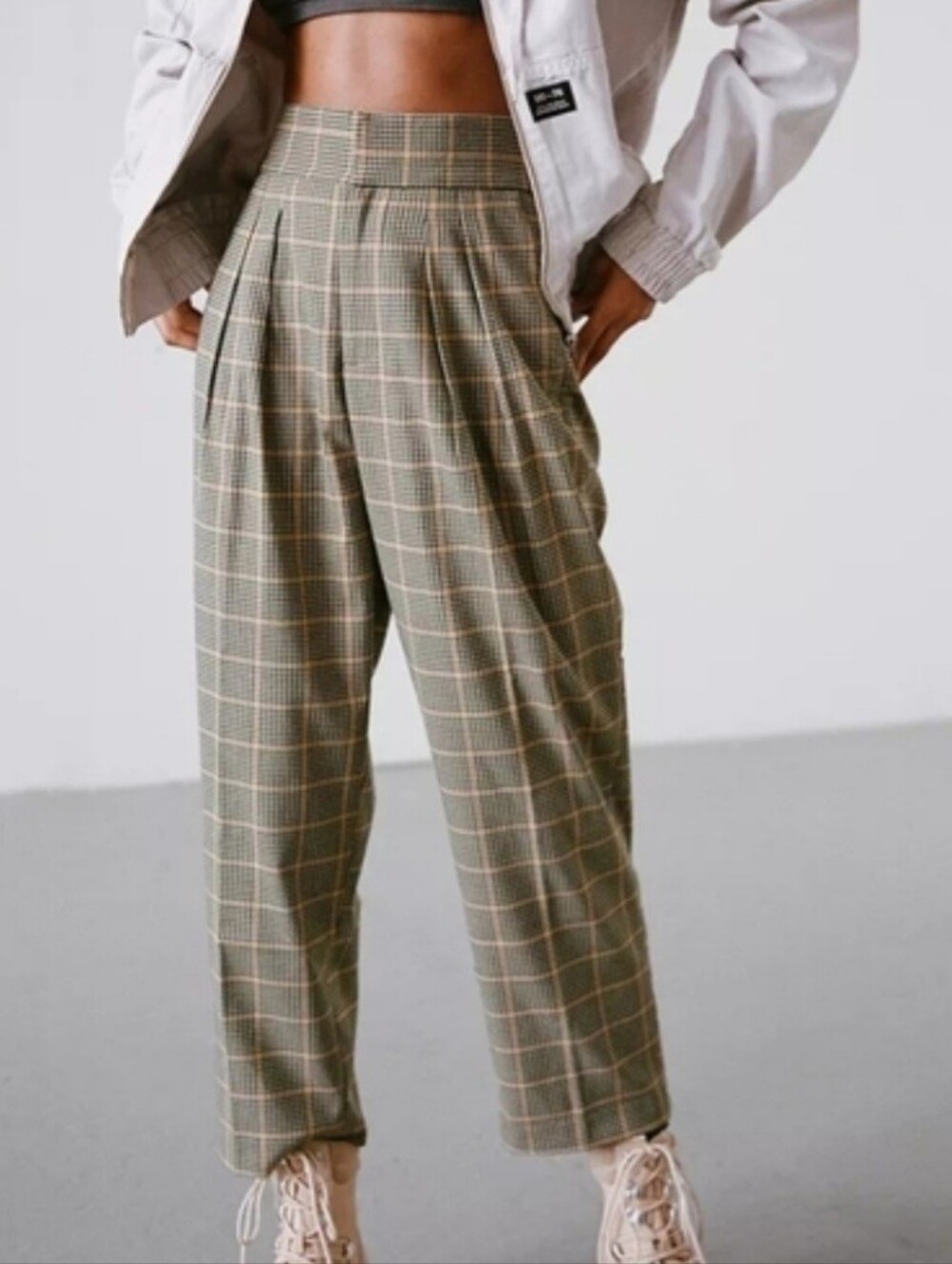 High-Waist Plaid Trousers - Green Check Preppy Light Academia Size Small